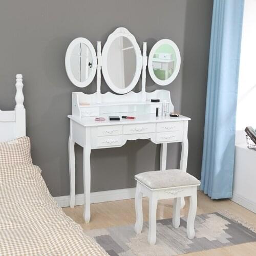 Nordic Dresser For Bedroom 90cm White Dressing Table With Stool 7PCS Drawers Bedside Table With Folding Mirror Fast Delivery HWC