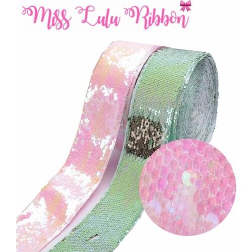 3"75mm Double Color Reversible Sequin Ribbon Rainbow Green Pink DIY Wedding Party Gift Bowknot Making Sewing Fabric 25yards/roll