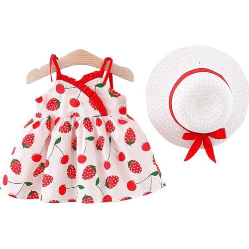 2021 Summer Fashion Baby Girls Dresses Hat 2 Piece Set Clothes Strawberry Print Sleeveless Party Princess Dress For Baby Girls