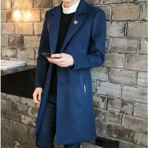 Mens Casual Solid Long Trench Coat Woolen Lapel Outwear Slim Fit Men Warm Coats Overcoat M087