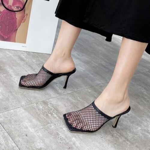 Breathable Hollow Woman Thin High Heels Slippers Summer Vintage Square Toe Mules Femme Shoes Pumps Sandals