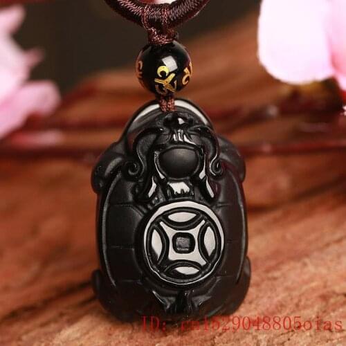 Natural Black Obsidian Beads Necklace Hand-Carved Dragon Turtle Jade Pendant Charm Auspicious Jewelry for Man Women Amulet Gifts
