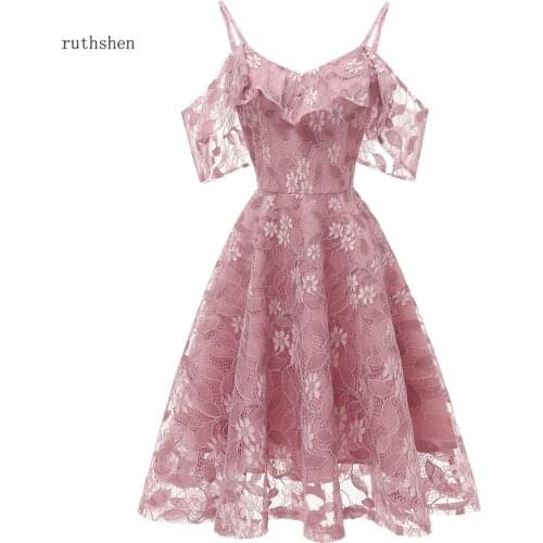 Prom dresses v-neck pink lace vestidos de festa knee-length prom gown in stock party dresses