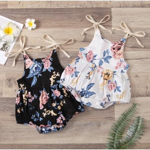 Baby Girl Casual Suspender Jumpsuits Fashion Sleeveless Flower Print Round Neck Bow Lace-Up Triangle Romper Sunsuits