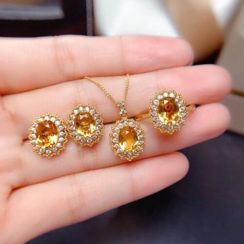 Luxury Female Crystal Yellow Stone Ring Necklace Earrings Jewelry Sets Fashion Boho Stud Earrings For Women Wedding Jewelry Gift