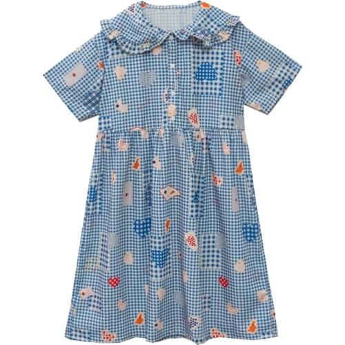 Sweet Rabbit Plaid Print Dress Wooden Ears Doll Collar Short Sleeve Chiffon Dress Suitable For Teenage Girls Knee-length Skirt