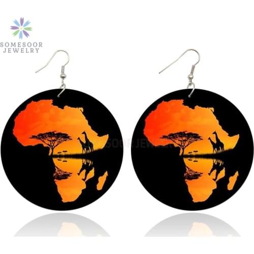 SOMESOOR Double Sides Printing African Eco Animal Map Wooden Drop Earrings Afrocentric Ethnic Dangle Jewelry For Women Gifts