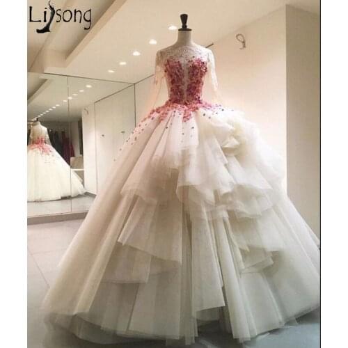 Gorgeous Ball Gown 2020 New Prom Dresses Long Sleeve Appliques Layers Tulle Engagement Formal Dress Bride Party Gowns Custom
