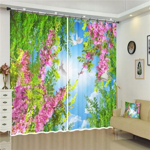 Purple Bright Floral printed 3D Window Curtain Drapes, stereoscopic Scenery Living Room Curtain, Smooth Drape 2 Panels