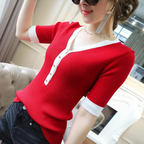 Woman Sweaters Pullover Womens Short-Sleeved Sweater V-neck Top Femme Chandails