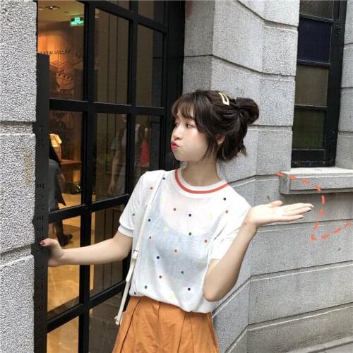 Female Sweatshirt Polka Dot Print Round Neck Short Sleeve T-Shirt Women’ s Top( White/Pink/Black/Apricot)