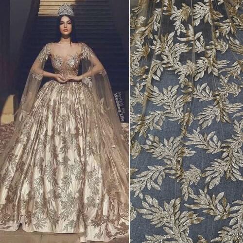 Golden yellow embroidery lace sequin fabric wedding dress decoration lace sequin leaf fabric accessories DIY