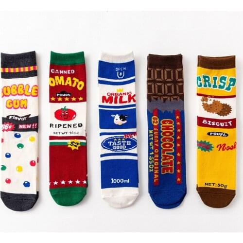 1 Pair Cotton Socks Women Casual Harajuku Style Creative Colorful Funny Women Socks Milk Cookies Sketch Tomato Skateboard Unisex