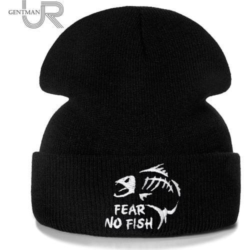 New Fear No Fish Embroidery Casual Winter Hats For Men Women Warm Knitted Hat Solid Color Streetwear Beanie Unisex Fishing Hat