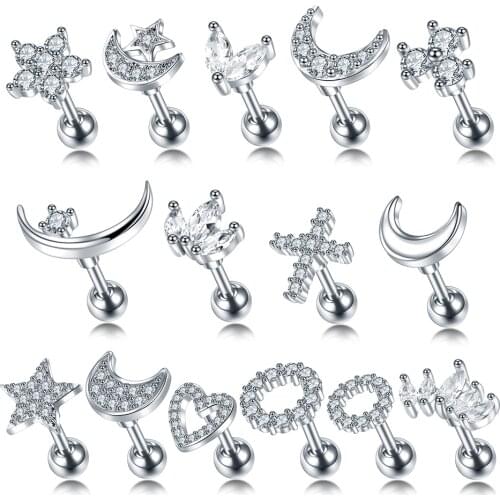 1PC 16G Cartilage Tragus Stud CZ Gem Helix Piercing Rook Conch Screw Back Earring Steel & Copper Ear Stud Piercing Jewelry