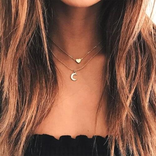 2 Pcs/Set Fashion Sweet Heart Moon Pendant Chain Gold Necklace Women Multilayer Clavicle Necklace Exquisite Birthday Jewelry
