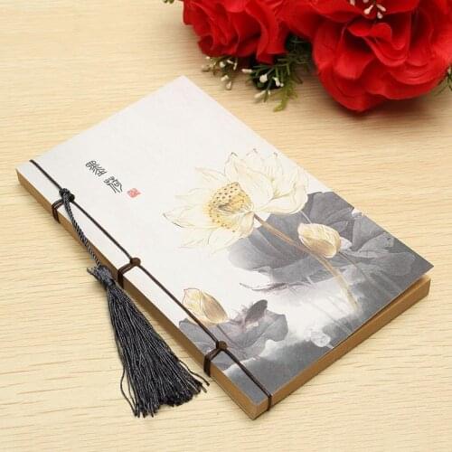 Creative New Chinese Style Lotus Planner Notepad, 17*11cm Vintage Notebook with Tassel Blank Kraft Pages