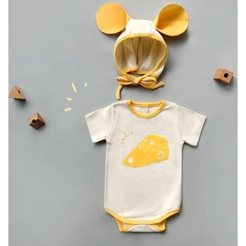 Newborn Infant Baby Boy Cotton Cartoon Cheese Pattern Short Sleeve Bodysuit Summer New Toddler Girl Novelty Bodysuits With Hat