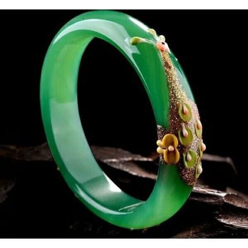 Natural Green Chalcedony Peacock Painted Carved Handmade Bracelet Fashion Exquisite Jewelry Womens Bracelet Gift Accessories