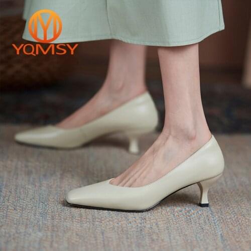YQMSY Elegant High Heels Women Genuine Leather Thin Heels Square Toe Dress Shoes Spring/Autumn Concise Shallow Lady Pumps AS213