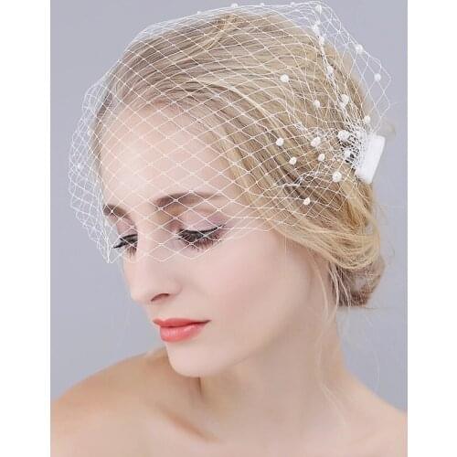 TOPQUEEN VA05 Birdcage Veil with Pearls Blusher Veil Russian Tulle Cage Veil Face Veil with Delicate Nail Bead Wedding Gowns