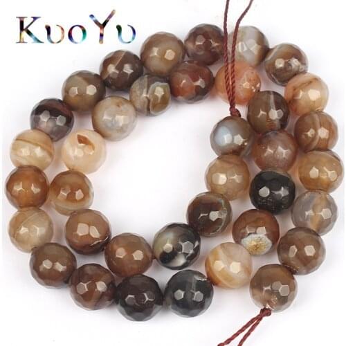 Faceted Coffee Striated Agat Onyx Round Loose Stone Beads 15"Strand/Inch 4 6 8 10 12mm For Jewelry Making DIY Bracelet Necklace