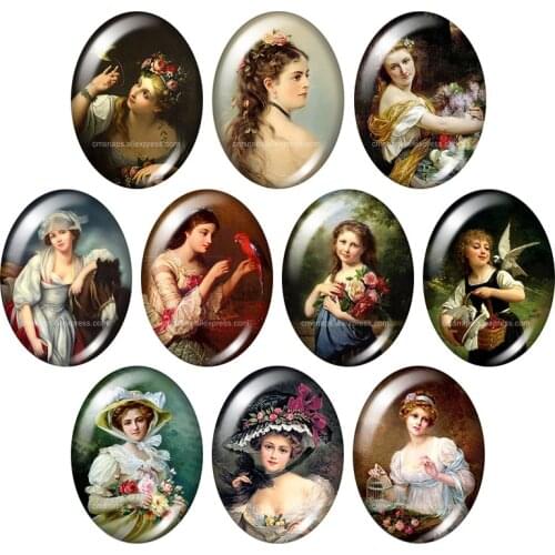 Retro Lady Vintage style paintings Oval 13x18mm/18x25mm/30x40mm mixed photo glass cabochon demo flat back Jewelry findings