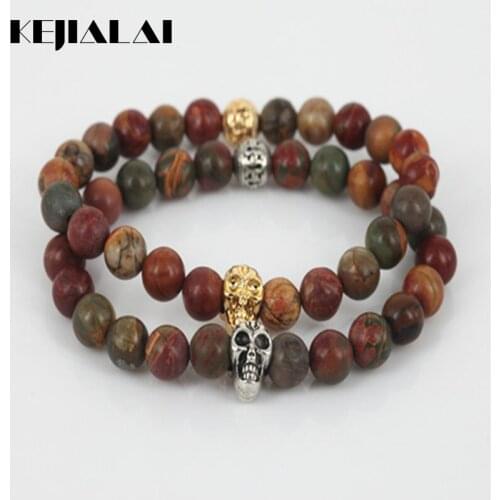 KEJIALAI New Natural 8mm Picassos Stone Round Gem Stone Beads Men Bracelet Beaded Skull Head Women Stretch Charm Bracelet A0450