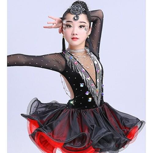 Chidren Latin Dance Costume Girls Dance Dress Fluffy Skirt Rhinestone Fringe Dress High-End Competition Dance Clothes Kids BI401