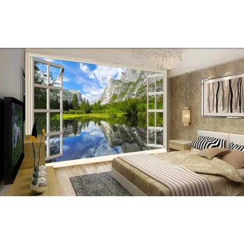 Beautiful scenery wallpapers 3D three-dimensional landscape background wall with lake and mountain scenery outside the window