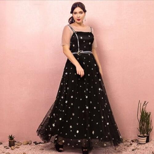 Lace Short Sleeves O-Neck Evening Dress Short Sleeves Sequins Appliques A-Line Floor-Length Plus Size Women Formal Gowns D850