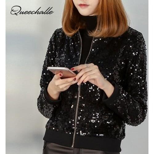 Queechalle Autumn Casual Baseball Jackets Black Sequins Bomber Jacket Women Basic Coats Female Long Sleeve Fashion Outerwear