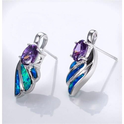 Cute Female Blue Fire Opal Earrings Boho Small Silver Color Leaf Stud Earrings Vintage Purple Oval Wedding Earrings For Women