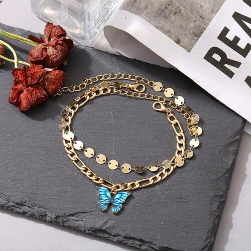 2PCS/set Fashion Buterfly Pendant Anklet for Women Statement Jewelry Accessories Beach Geometric Chain Ankle Bracelets