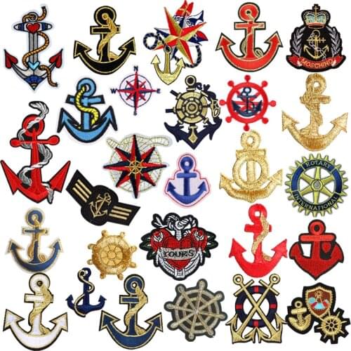 Trendy Embroidery Patch Rudder Anchor Pattern Iron on Patches for Clothes Applique DIY Gold Badges Decorative