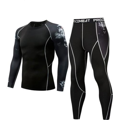 Men Sports Running Set Compression T-Shirt+Pants Skin Tire Long Sleeves Fitness Rashguard MMA Training Clothes Gym Yoga Suits