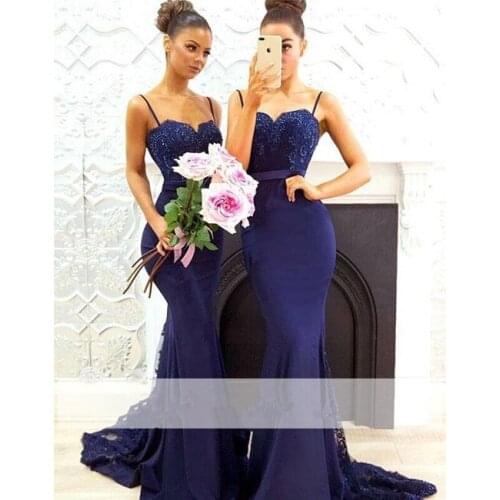 Blue Cheap Bridesmaid Dresses Under 50 Mermaid Spaghetti Straps Lace Beaded Wedding Party Dresses