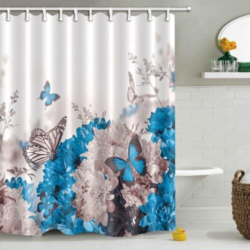 Blue Butterfly Flower Luxury White Shower Curtain Bathroom Curtains Floral Waterproof Polyester Fabric for Bathtub Decor
