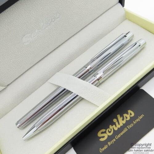 Scrikss 722W Chrome Fountain Pen + Ballpoint Pen Set | Scrikss Pen | İsme Special Pen | Gift Pen