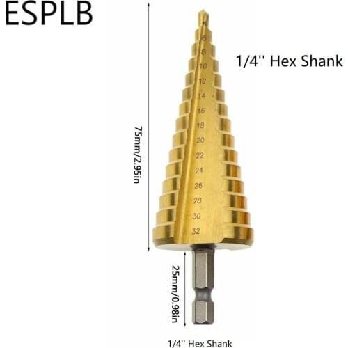 ESPLB 1pc 4-32mm Hexagon/Triangle Shank Drill Bit HSS Straight Flute Pagoda Titanium Coated Step Drill Bit Tools Center Drill
