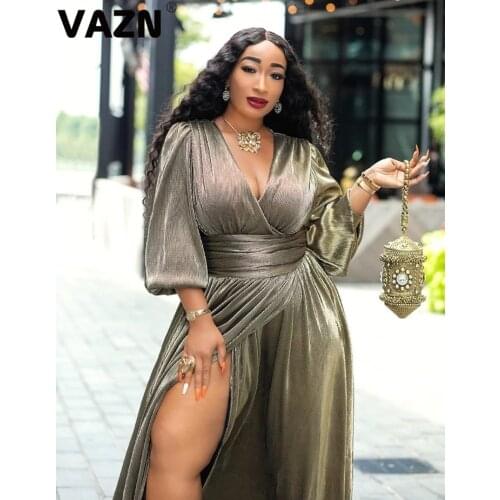 VAZN 2020 Latest Hot Holiday Fashion Secy Untidy Solid Deep V- Neck Half Sleeve Women High Waist Fit And Flare Maxi Dress
