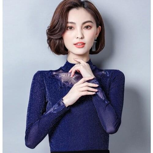 2019New Spring Bright Mesh Yarn Lace Hollow Bottoming Female T-shirt Long Sleeve T Shirt Womens Shirt T-shirt Plus size 4XL 380