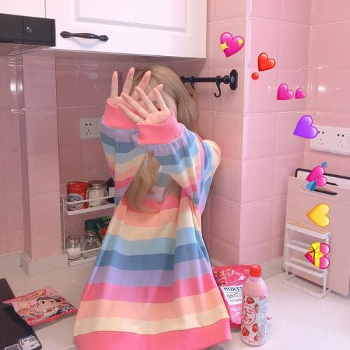 Pink Rainbow Striped Oversize 2xl T Shirts for Women 2021 Spring Long Sleeve O-neck T Shirt Korean Style Ladies Tops Tee Clothes
