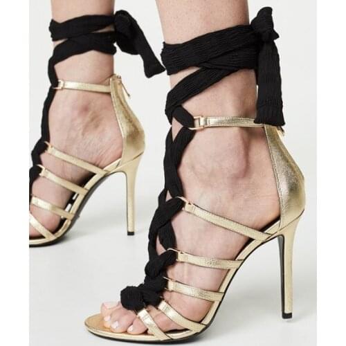Moraima Snc Summer Open Toe Lace up Stiletto Heels Gold Metallic Leather Cutouts Gladiator Sandals High Heel Woman Summer Shoes