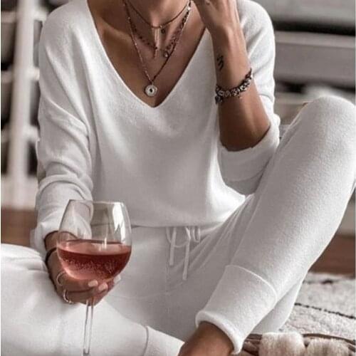 Womens Solid V-Neck Pajamas Set Star Print Long Sleeve Top + Drawstring Long Pants Home Clothes Female Spring Casual Pajamas