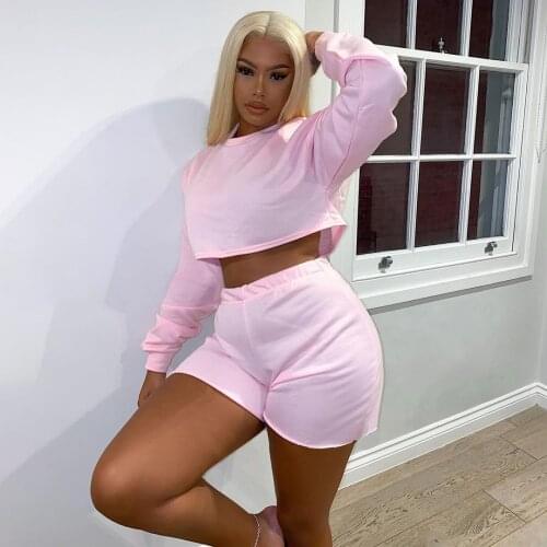 Activewear Solid Two Piece Set Women Biker Style Sporty Long Sleeve Cropped Top and Biker Short Casual Black White Pink Outfits