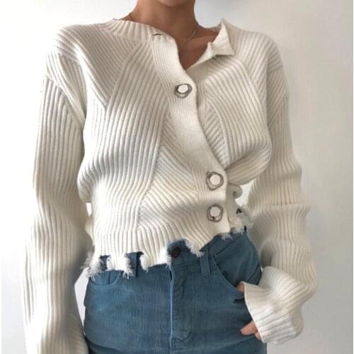 ZCSMLL Korean Temperament Round Neck White Pullover Three Button Irregular Ragged Long-sleeved Knitted Irregular Sweater Women