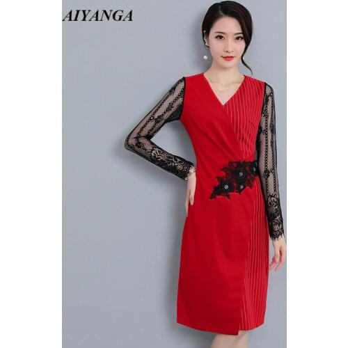 S-5XL Plus Size Autumn Dress For Women Patchwork Lace Dresses Elegant Lady Slim V Neck Mesh Long Sleeve Medium Long Dress 2018