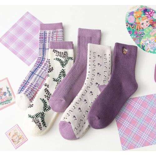 10 Pairs High Quality Womens Socks Cotton Purple Floral Series Design Jacquard Medium Tube Sweet Cute Women Socks for Girls Gif
