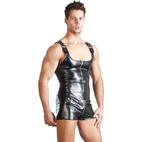 2019 Sexy Men PU Leather Sexy Zipper Sleeveless Bodysuit Erotic Jumpsuit Club Stage Costume Gays Sex Lingerie Sleepwear M-XXL